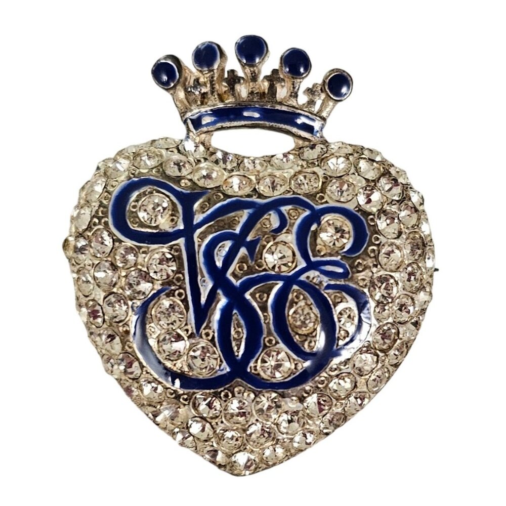 Orient Express Crown Heart Clear Rhinestone Blue Enamel Brooch Pin L234